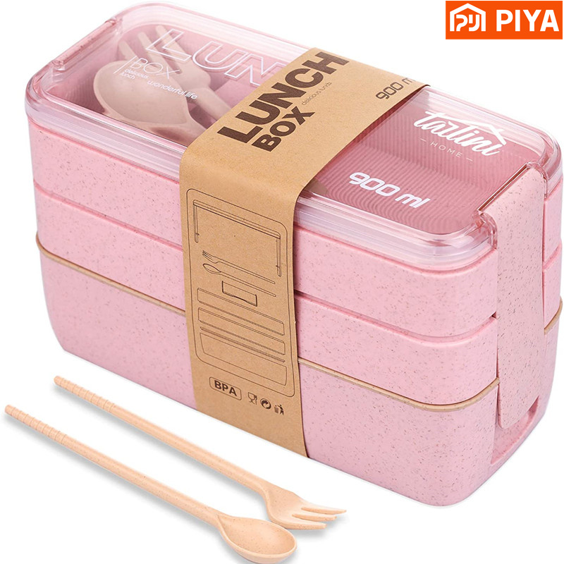 Meal Prep Kits - 3-In-1 Compartiment Tarwe Stro Bento Box